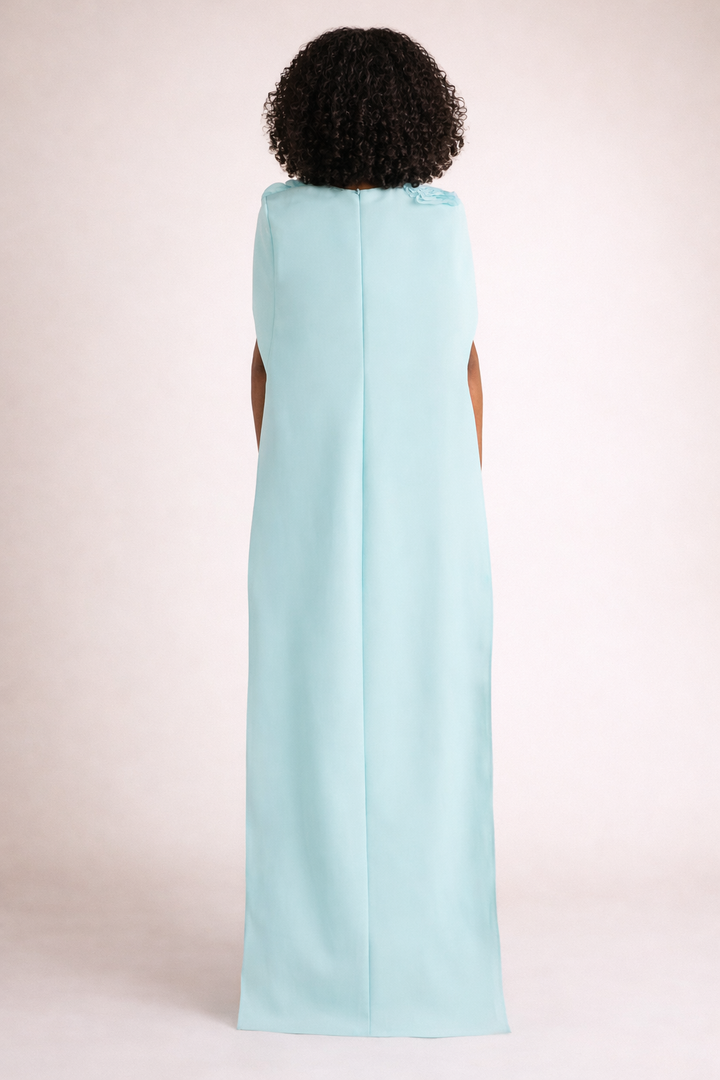 cape column dress with floral shoulder appliqué – CELESTIA