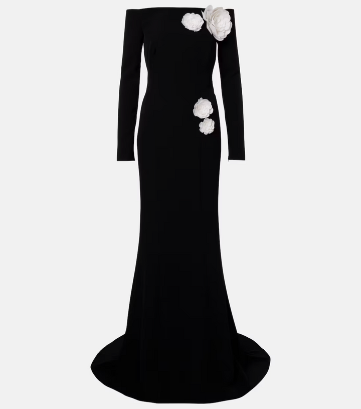 off-shoulder mermaid gown with floral appliqué – ATF