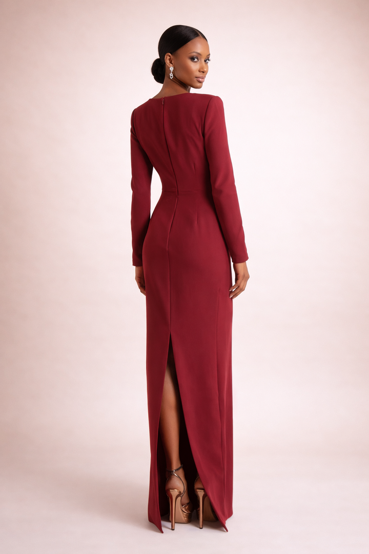 long-sleeve column gown with sculpted floral waist – SASYON