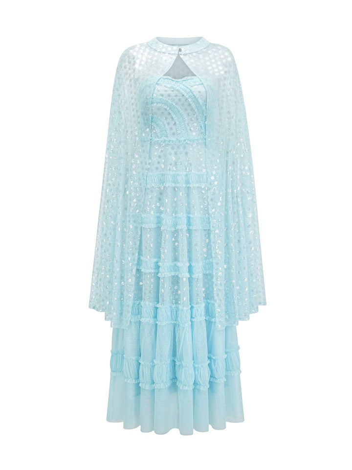 layered tulle maxi dress with sheer cape overlay – AZURE