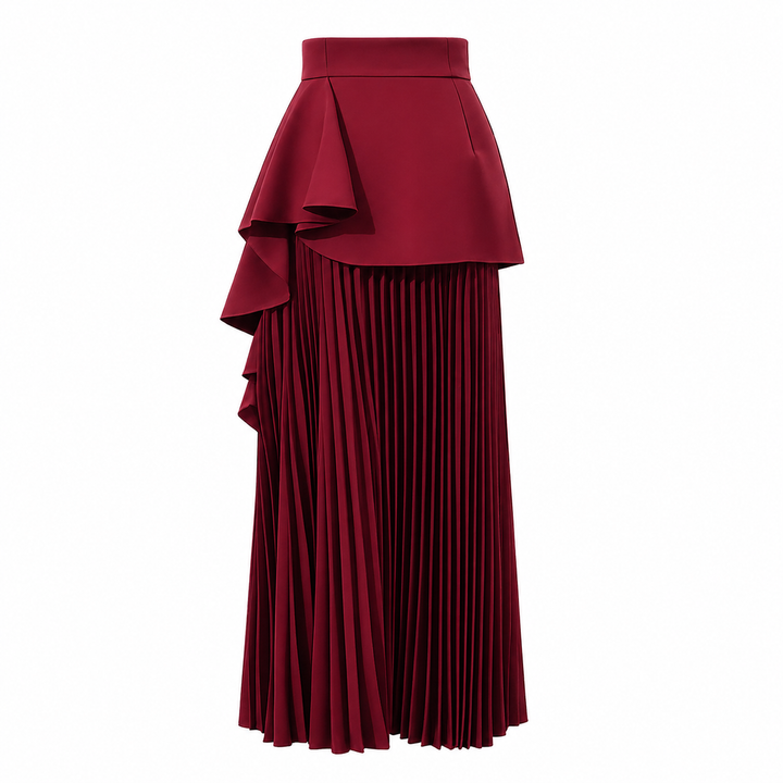 Burgundy Pleated Midi Skirt with Floral Draped Detail – ROSÉVA