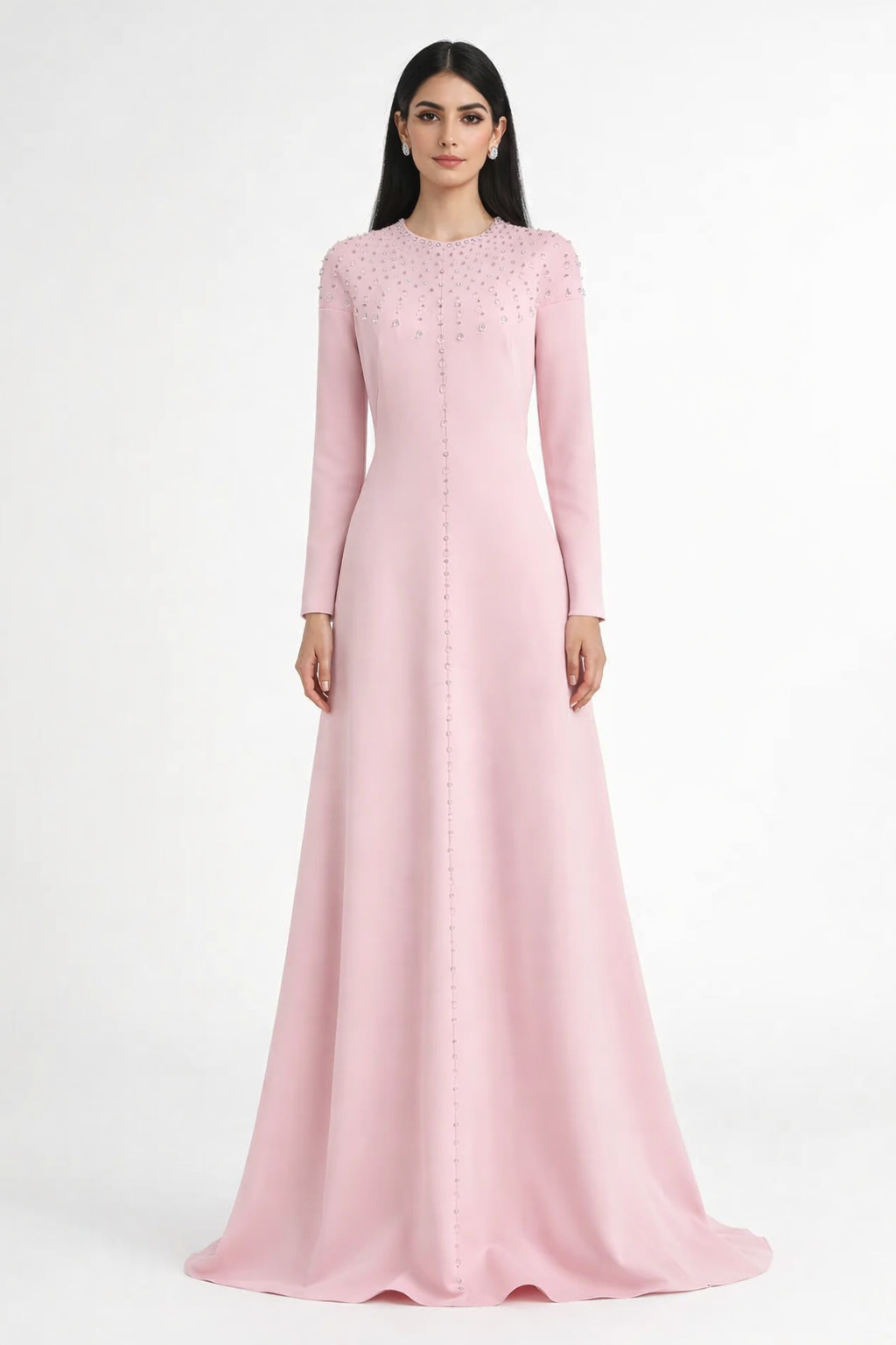 long sleeve embellished a-line gown with front detailing – BLUSH