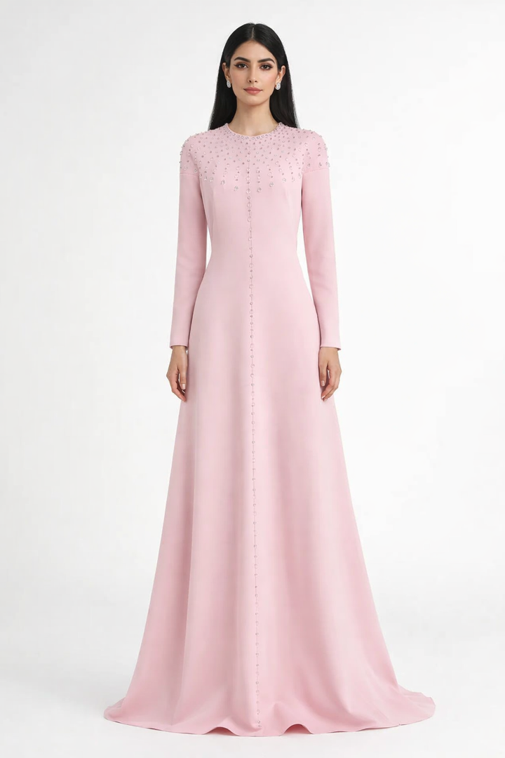 long sleeve embellished a-line gown with front detailing – BLUSH