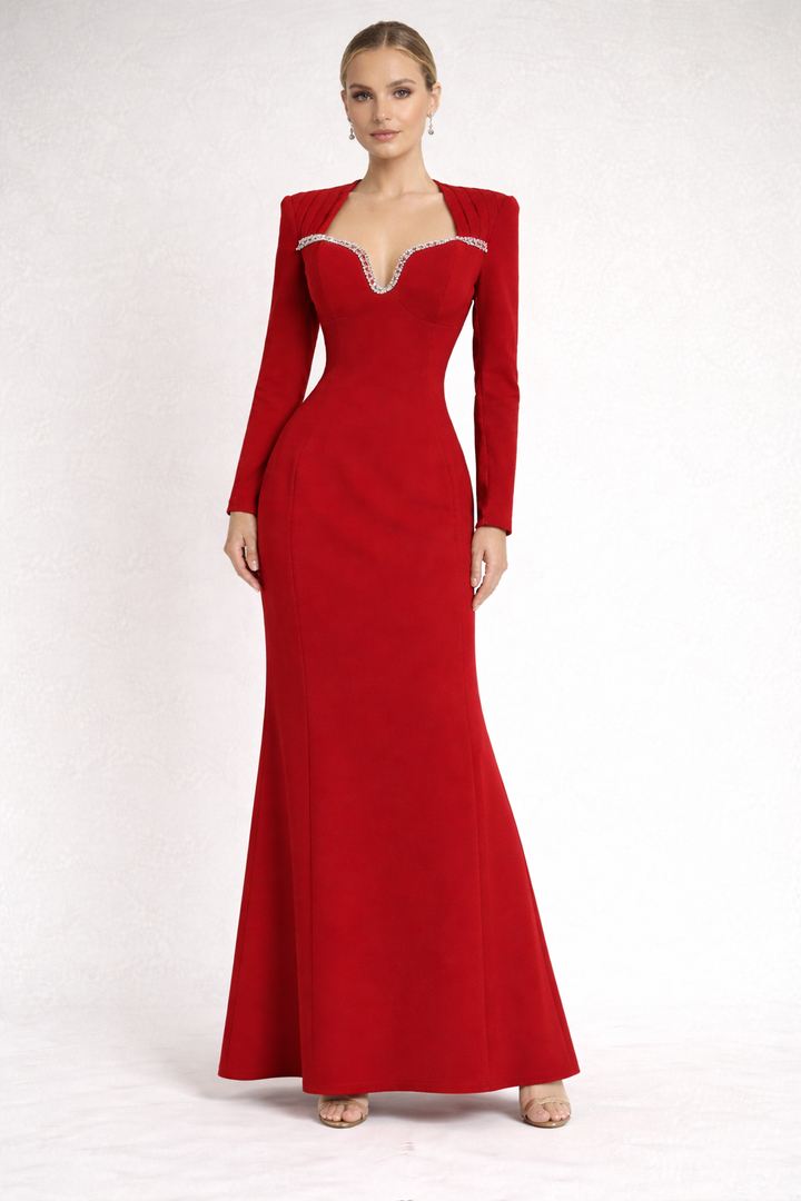 Name: long sleeve fitted dress with embellished sweetheart neckline – RUBINA