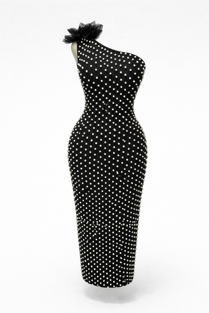 one-shoulder fitted midi dress with pearl embellishments and floral accent – PEARL