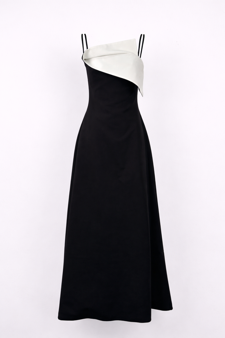Name: one-shoulder satin midi dress with contrast fold detail – NOIRIA