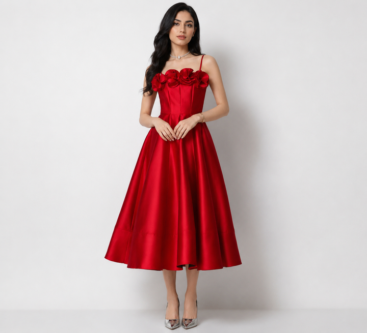 Scarlet Rose Satin Midi Dress - Glamour