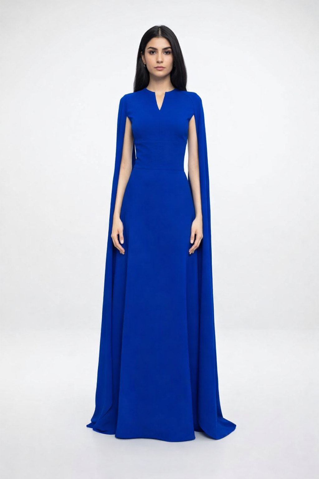 high-neck column dress with shoulder cape – AZURA