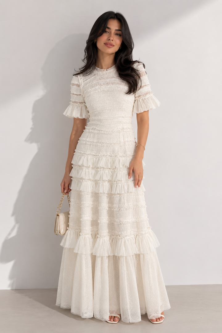 Vintage Romance Ruffle Lace Maxi Dress - Ivory