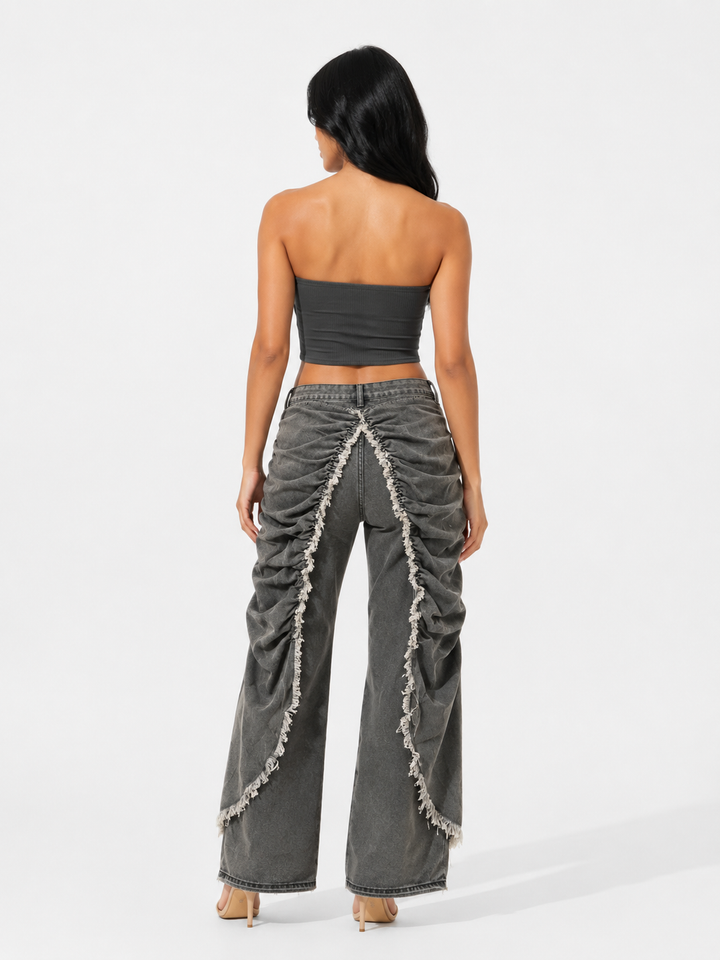 Ruched Raw Edge Denim Pants - Trendy