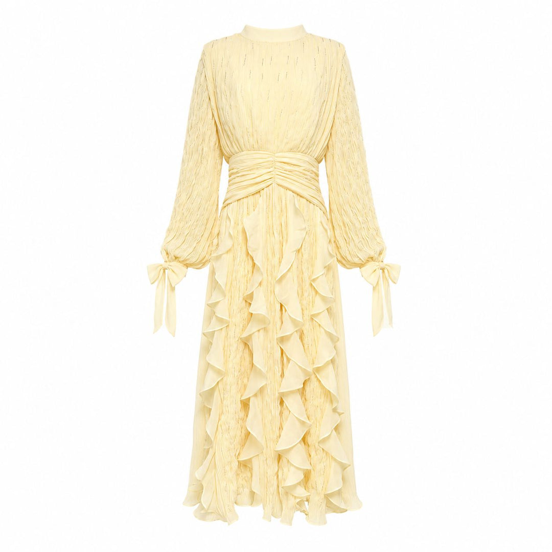pleated chiffon ruffle maxi dress with ruched waist – RAYA
