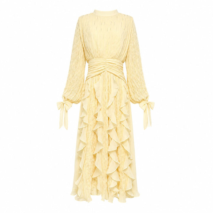 pleated chiffon ruffle maxi dress with ruched waist – RAYA