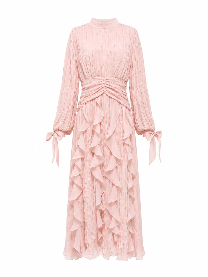 pleated chiffon ruffle maxi dress with ruched waist – RAYA