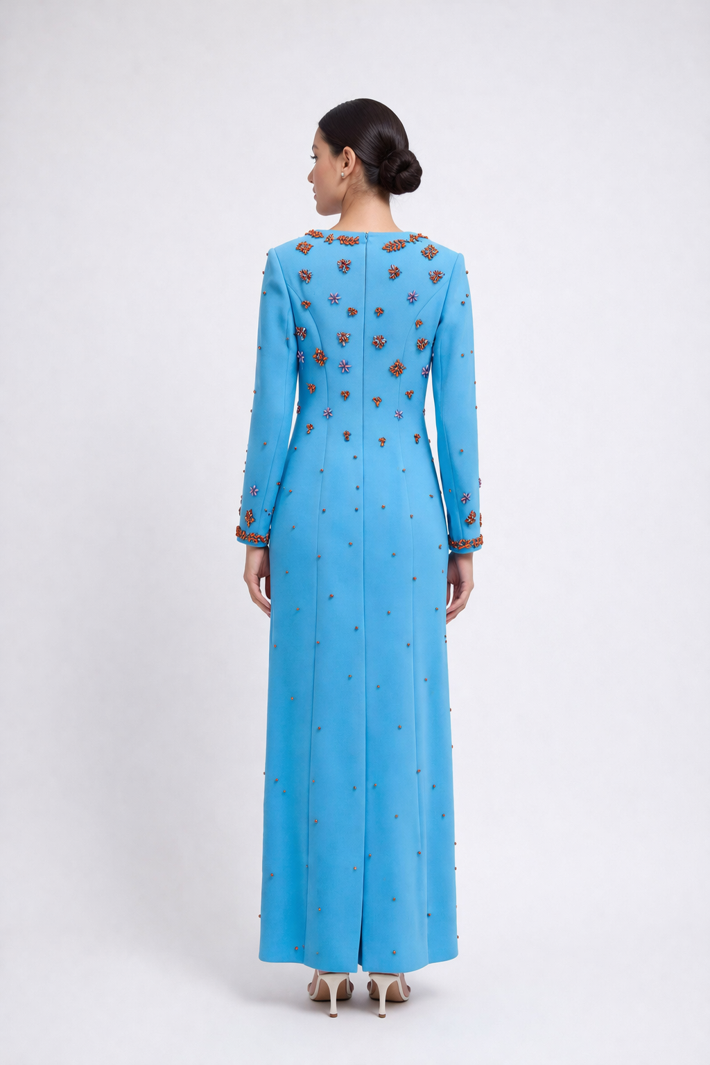 long sleeve column dress with floral crystal embellishment – AZURA
