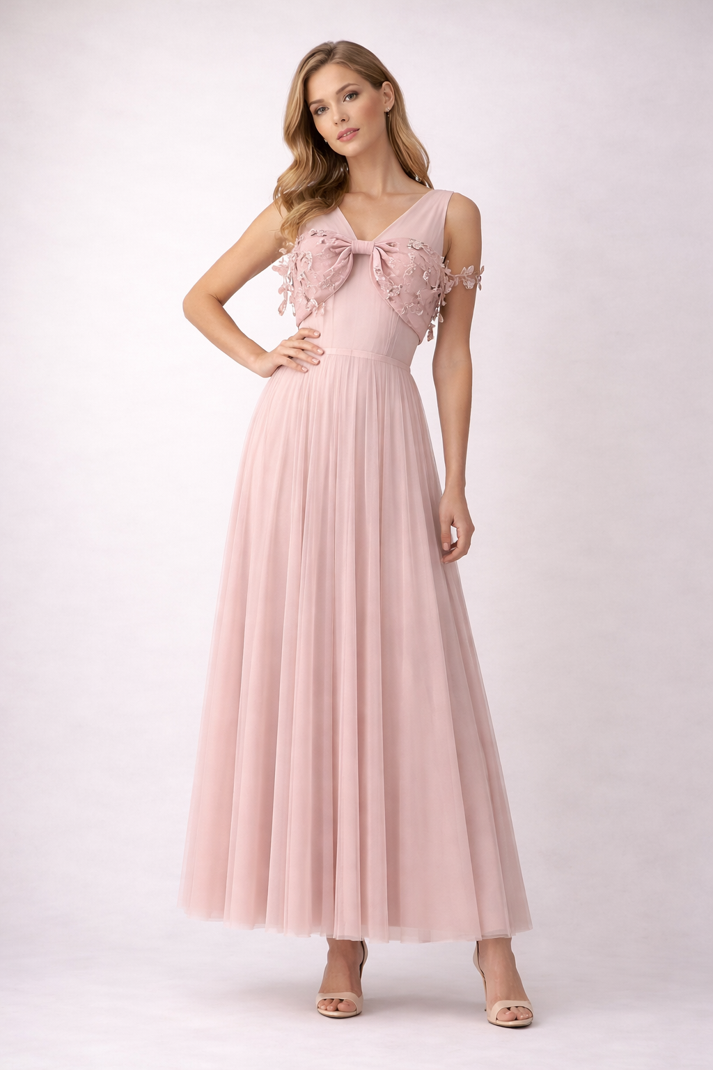 sleeveless tulle maxi dress with embellished bow bodice – BLUSH
