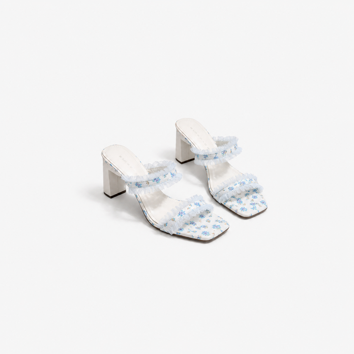 floral printed heeled sandal with ruffle trim – BLOSSOM