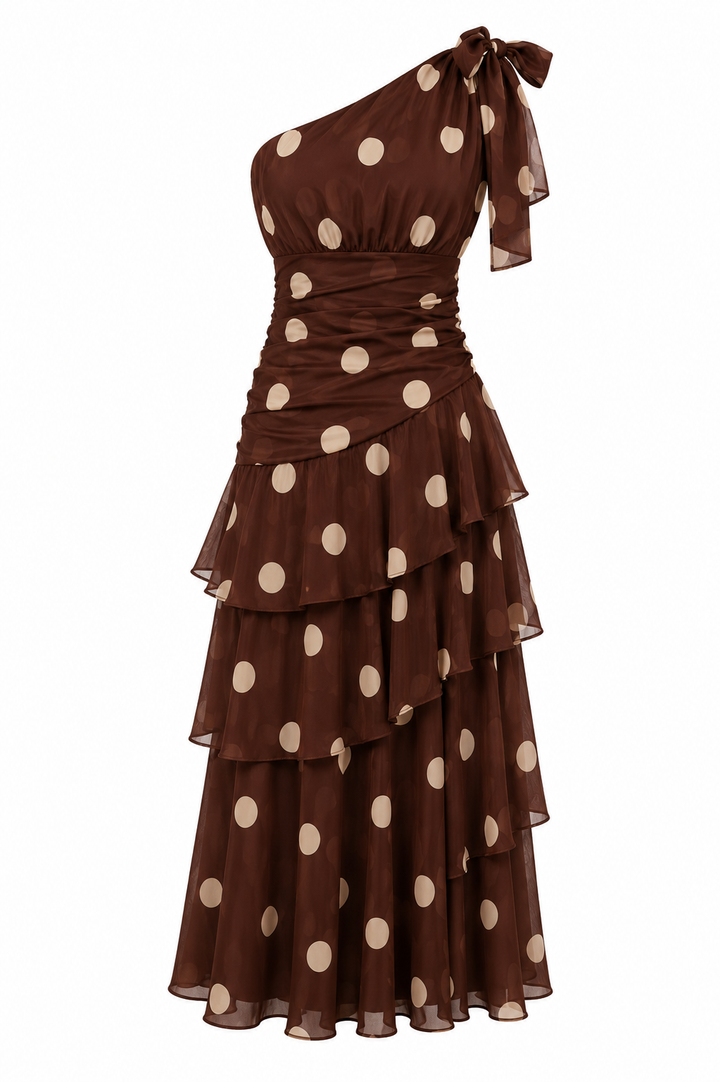 Polka Dot One-Shoulder Maxi Dress - Elegance