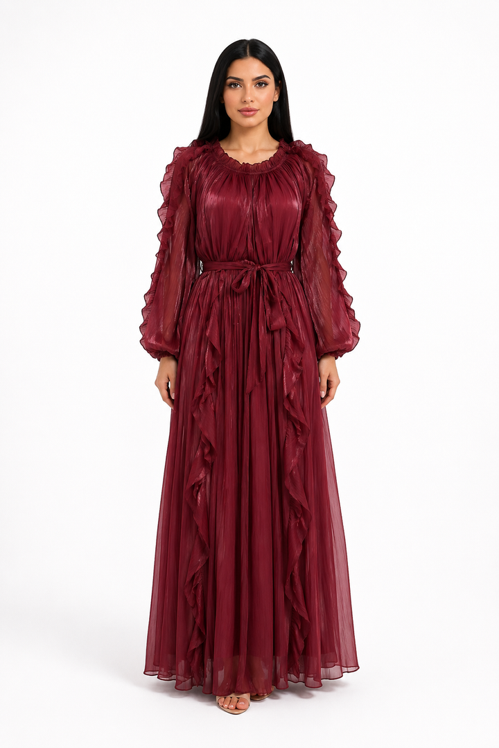 ruffle trim belted chiffon maxi dress – RUBINA