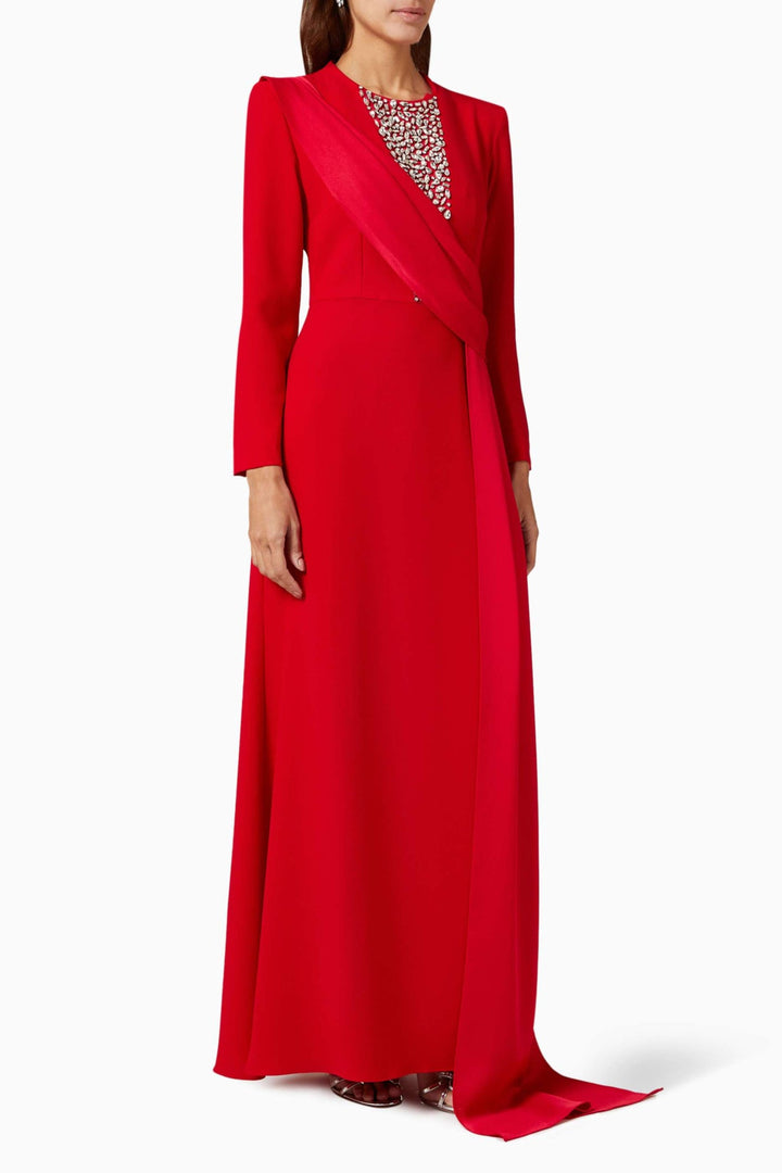 long-sleeve gown with embellished illusion neckline & draped sash – RHEA