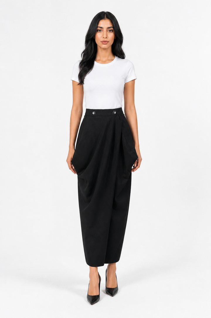 Asymmetric Draped Midi Skirt – ÉLÉGANCE