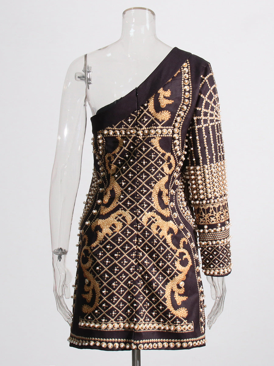 one-shoulder embellished mini dress with pearl and gold detailing – VERSA