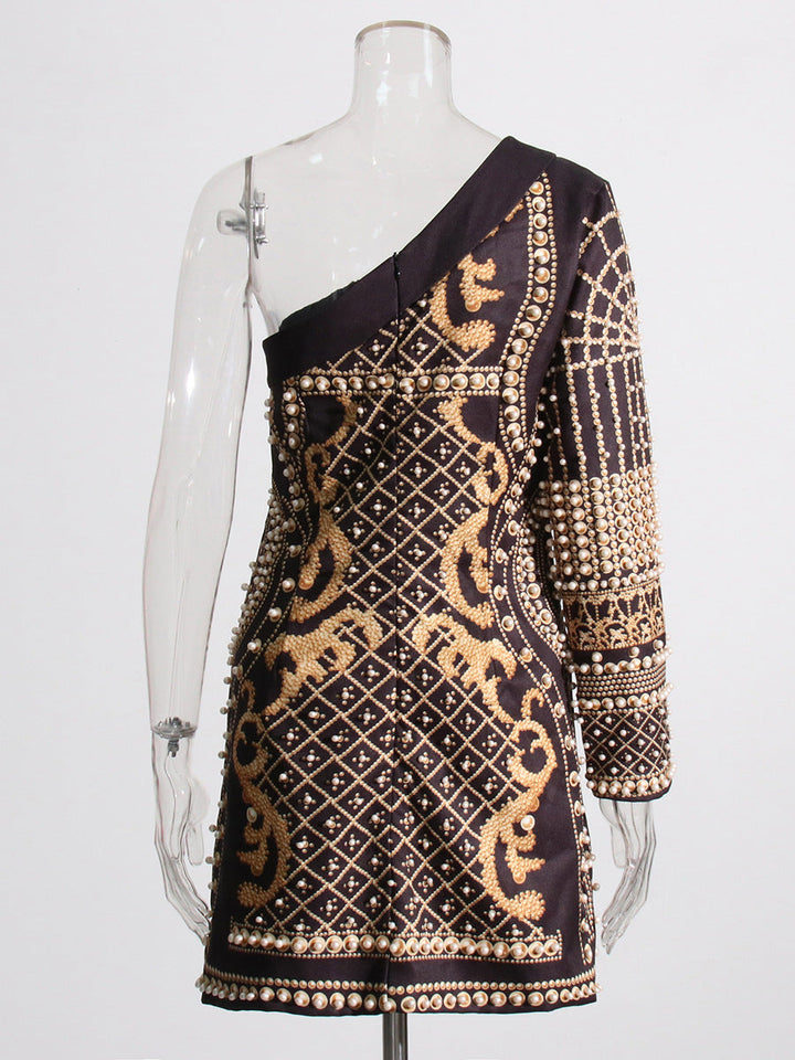 one-shoulder embellished mini dress with pearl and gold detailing – VERSA