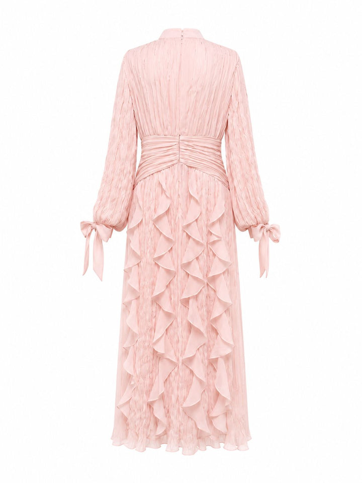 pleated chiffon ruffle maxi dress with ruched waist – RAYA