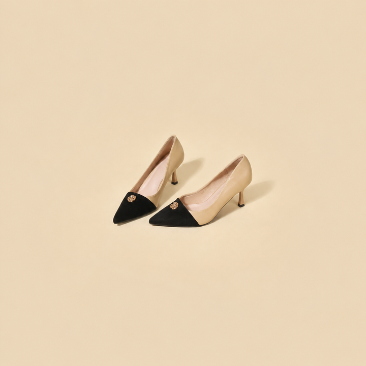 two-tone pointed toe pumps with gold emblem – ELEGANCE