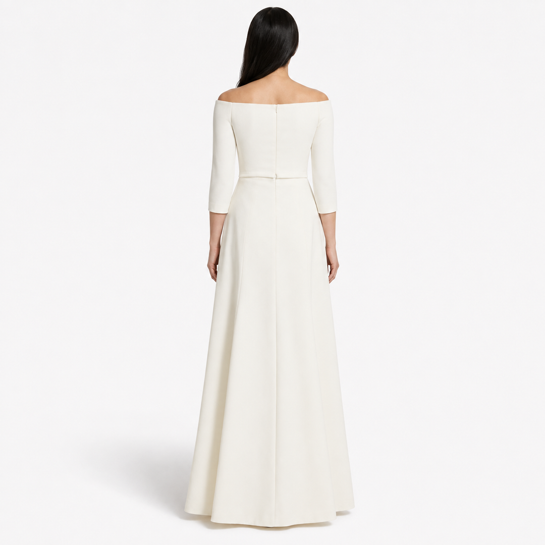 off-shoulder gown with draped slit skirt – ALYAAH