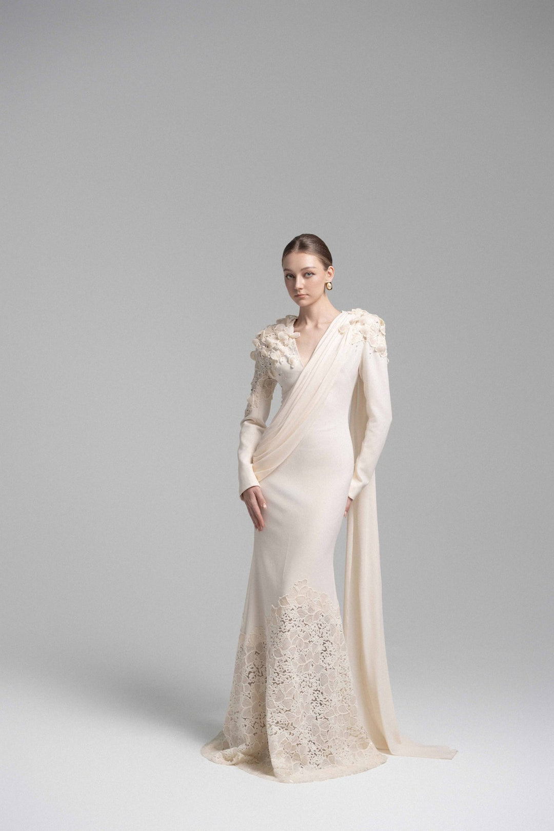 draped lace-embellished gown with floral shoulders – ODD- ELARIS