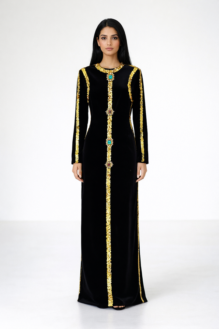 long sleeve velvet maxi dress with embellished trim – NOIRAH