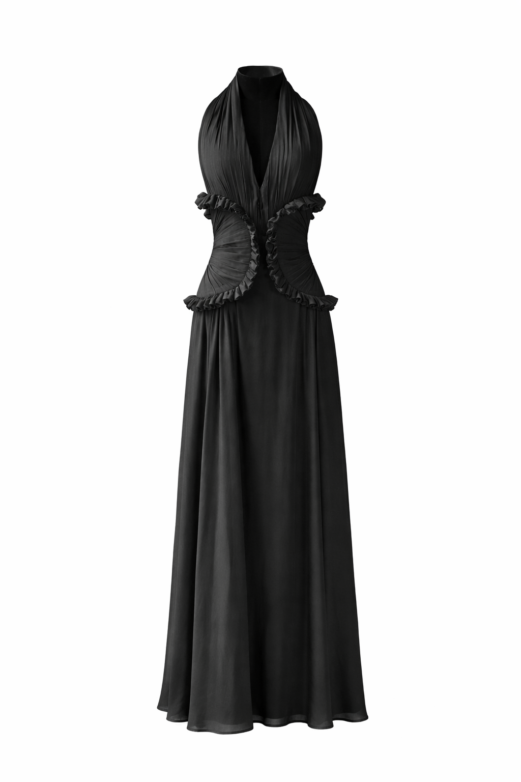 halter neck maxi dress with ruched ruffle waist – SOLARA