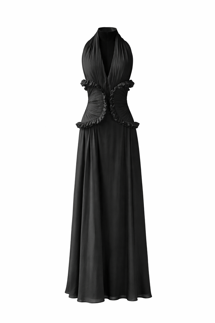 halter neck maxi dress with ruched ruffle waist – SOLARA