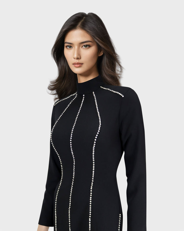 ODD-Long sleeve column dress with vertical beading-Ghadeer