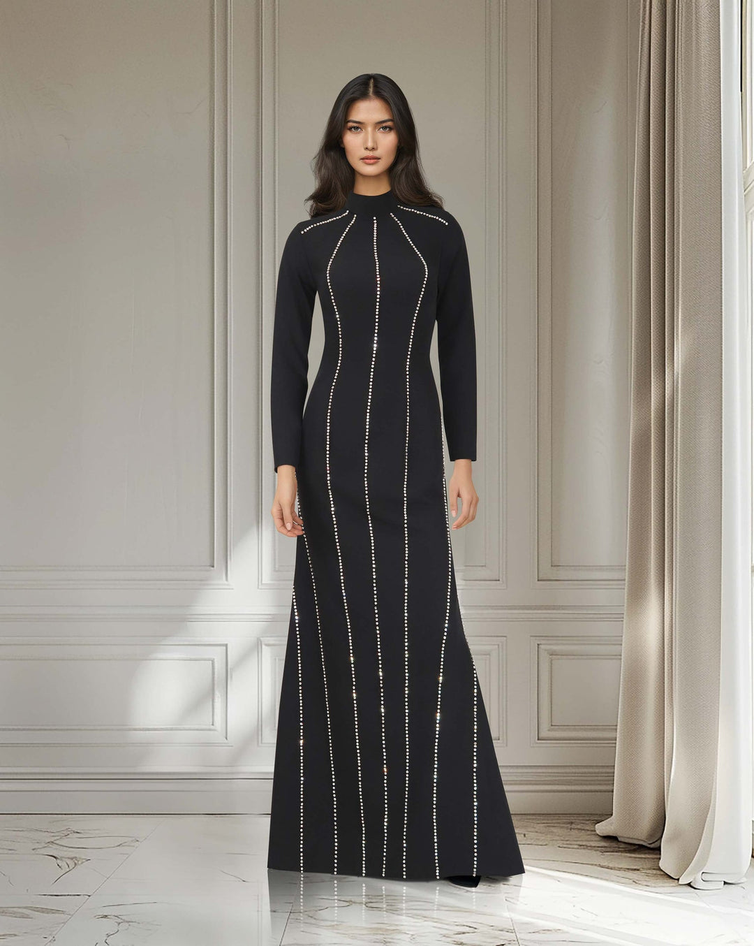 ODD-Long sleeve column dress with vertical beading-Ghadeer