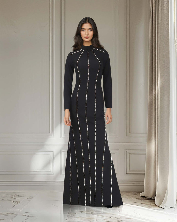 ODD-Long sleeve column dress with vertical beading-Ghadeer
