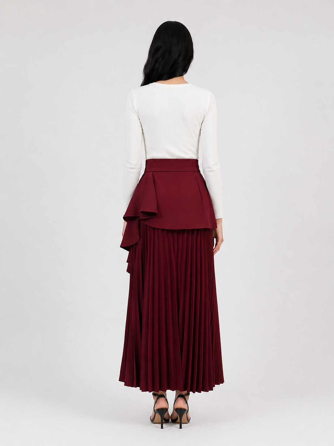 Burgundy Pleated Midi Skirt with Floral Draped Detail – ROSÉVA