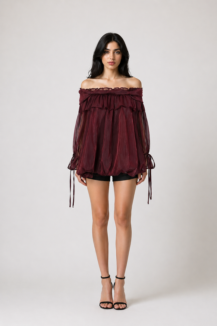 Burgundy Sheer Off-Shoulder Ruffle Blouse – ELVIRES