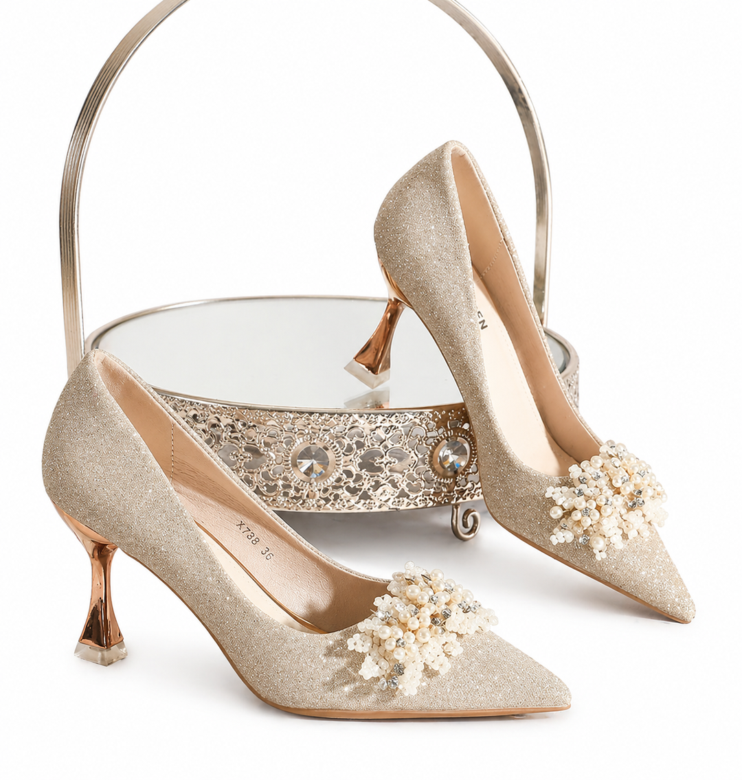 Champagne Glitter Pointed-Toe Heels with Pearl Embellishment – ÉLARA