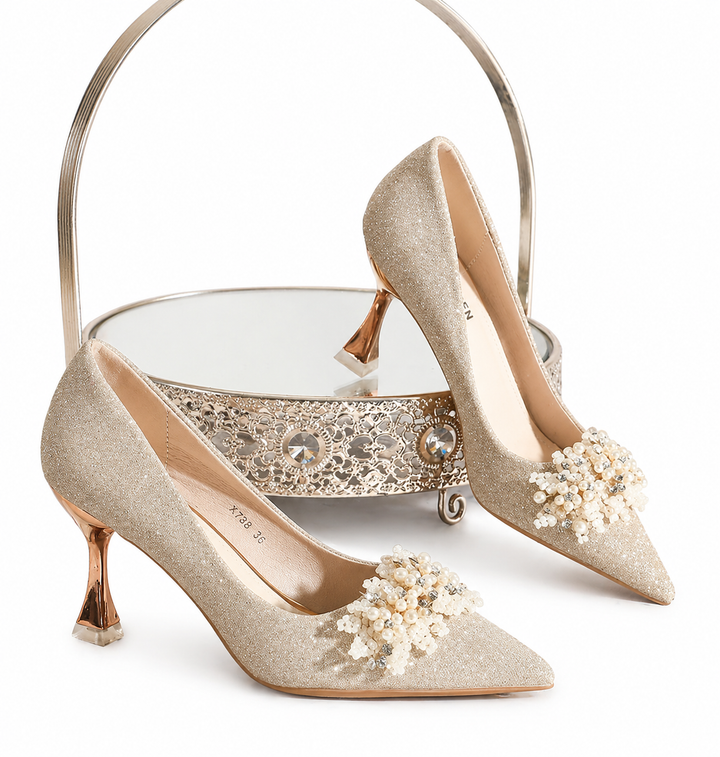 Champagne Glitter Pointed-Toe Heels with Pearl Embellishment – ÉLARA