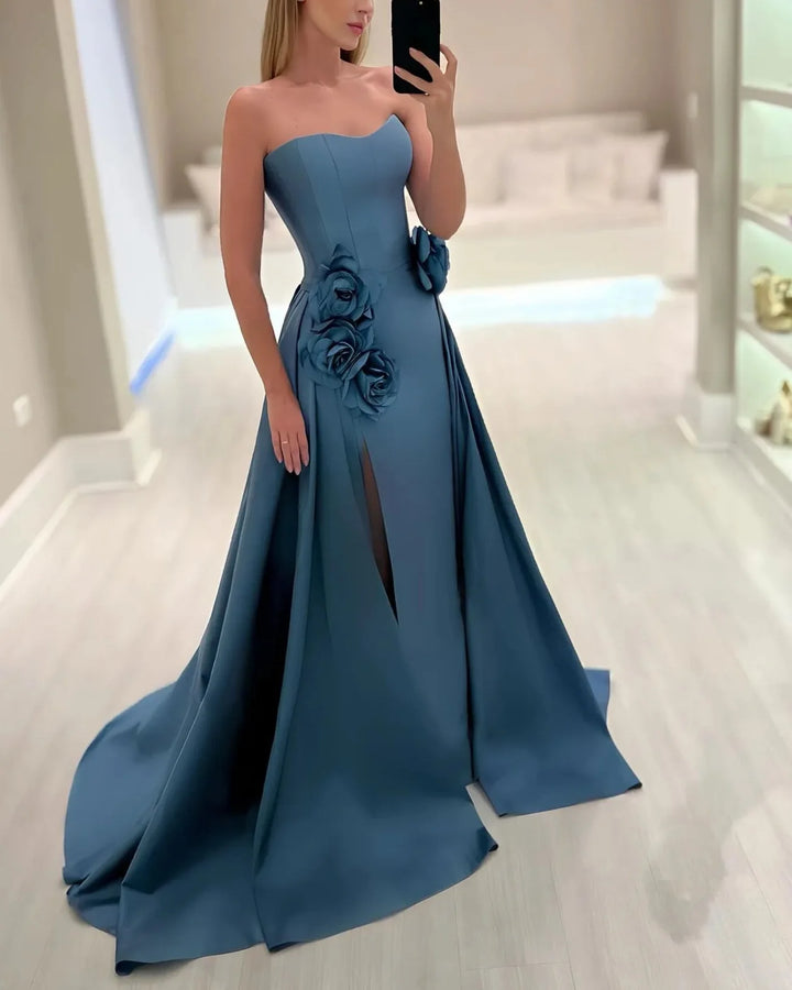Strapless A-line gown with floral appliqué and front slit – AZURE-1