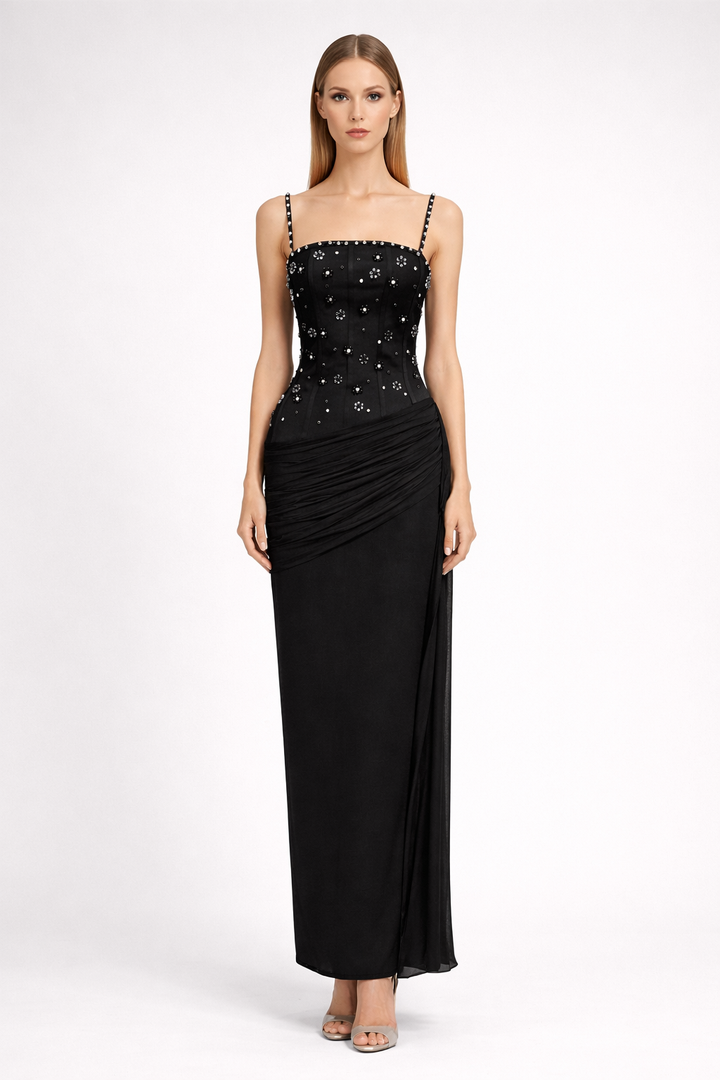 spaghetti strap fitted midi dress with floral crystal embellishments – RUBY