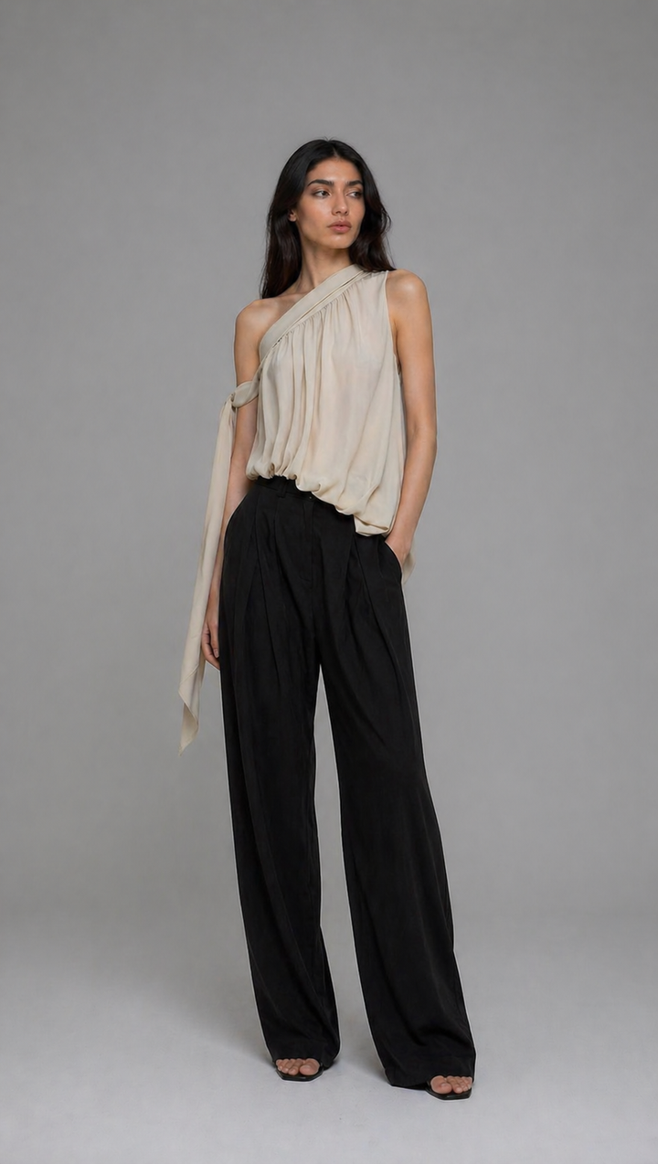 Beige One-Shoulder Draped Top – ÉLORA