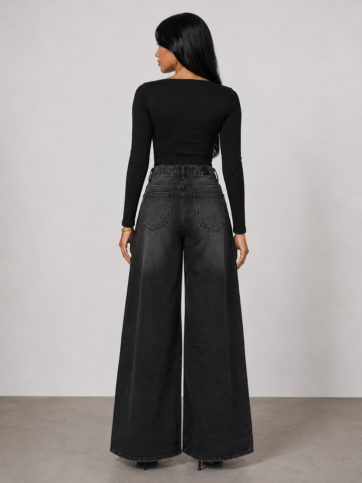 Wide Leg Eyelet Denim Jeans - Chicx