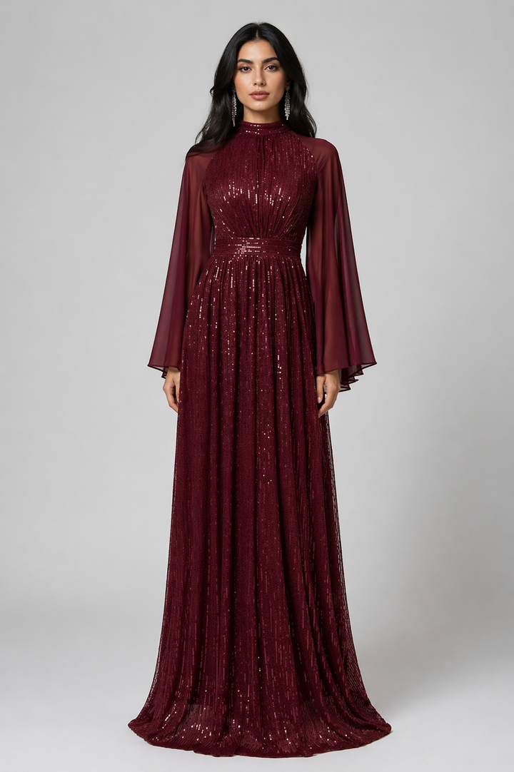 Burgundy Sequin Flowy Sleeve Evening Dress-ELVIRE
