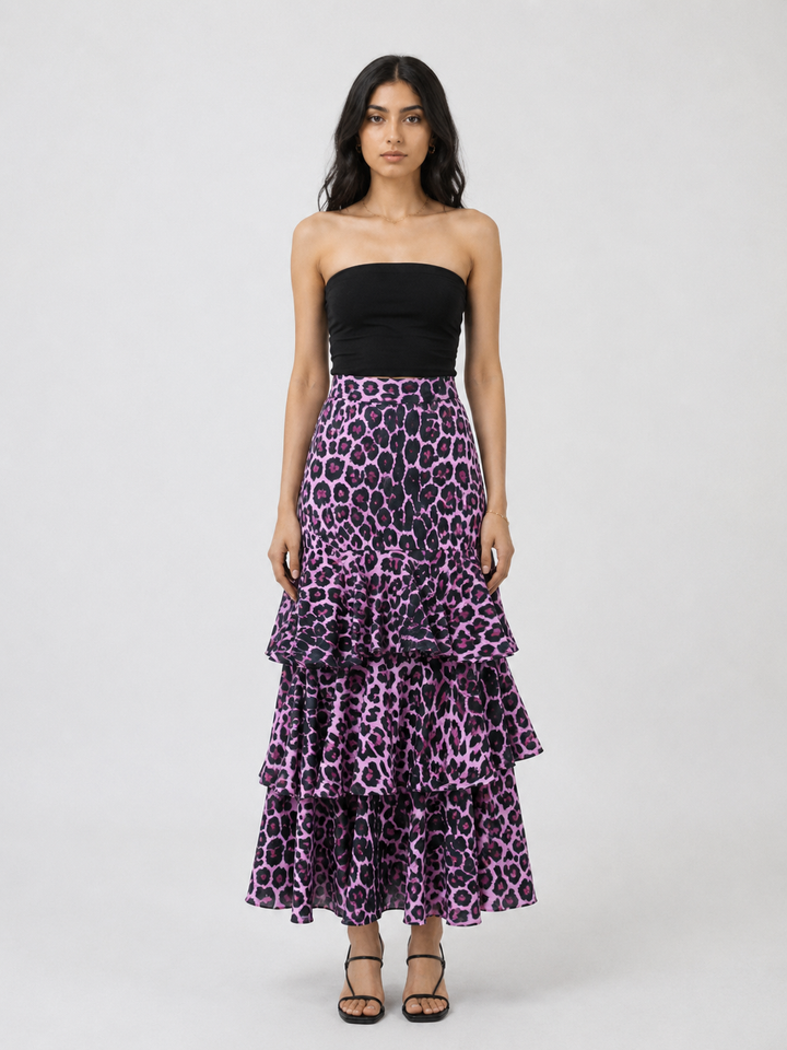 Leopard Print Tiered Ruffle Midi Skirt – SAVARA