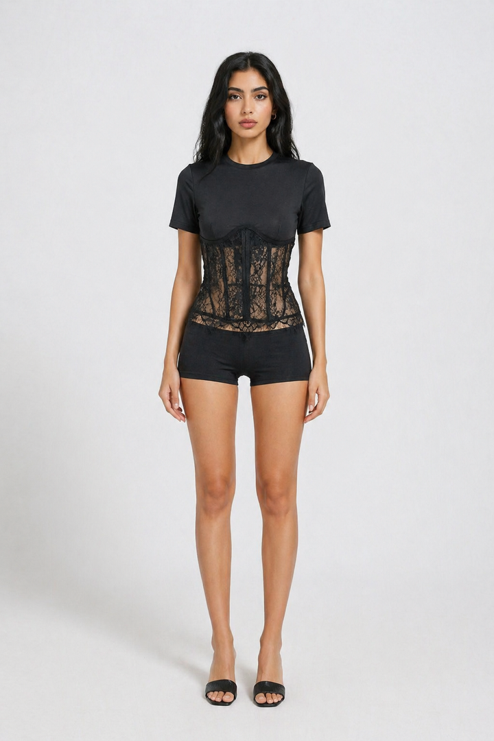 Black Lace Corset Panel Top – VÉLORA