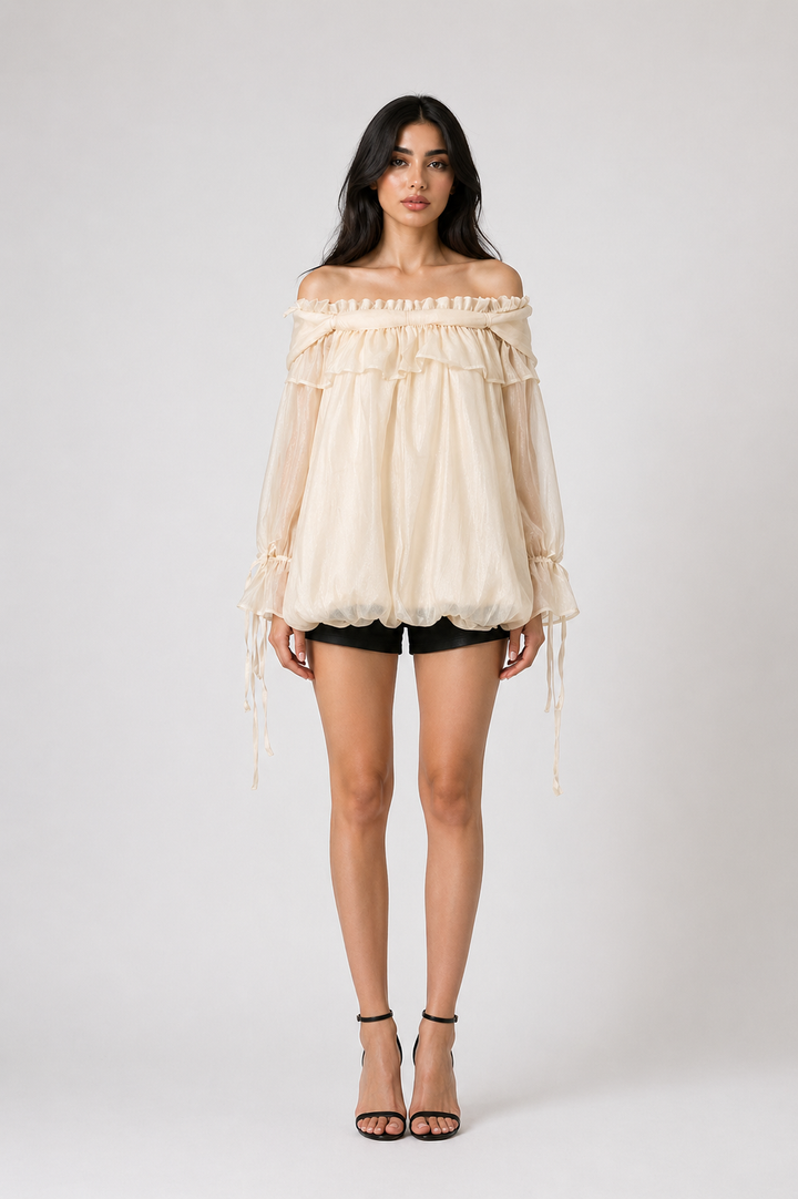 Burgundy Sheer Off-Shoulder Ruffle Blouse – ELVIRES