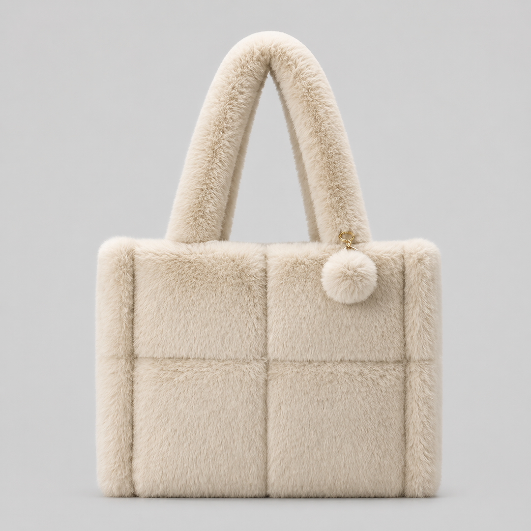 Beige Faux Fur Shoulder Tote Bag with Pom Pom Charm - AURORA