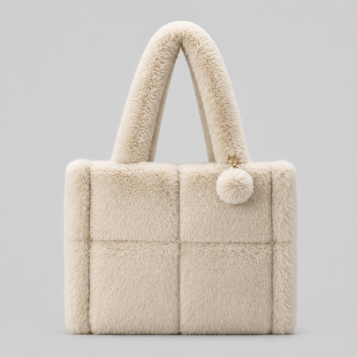 Beige Faux Fur Shoulder Tote Bag with Pom Pom Charm - AURORA